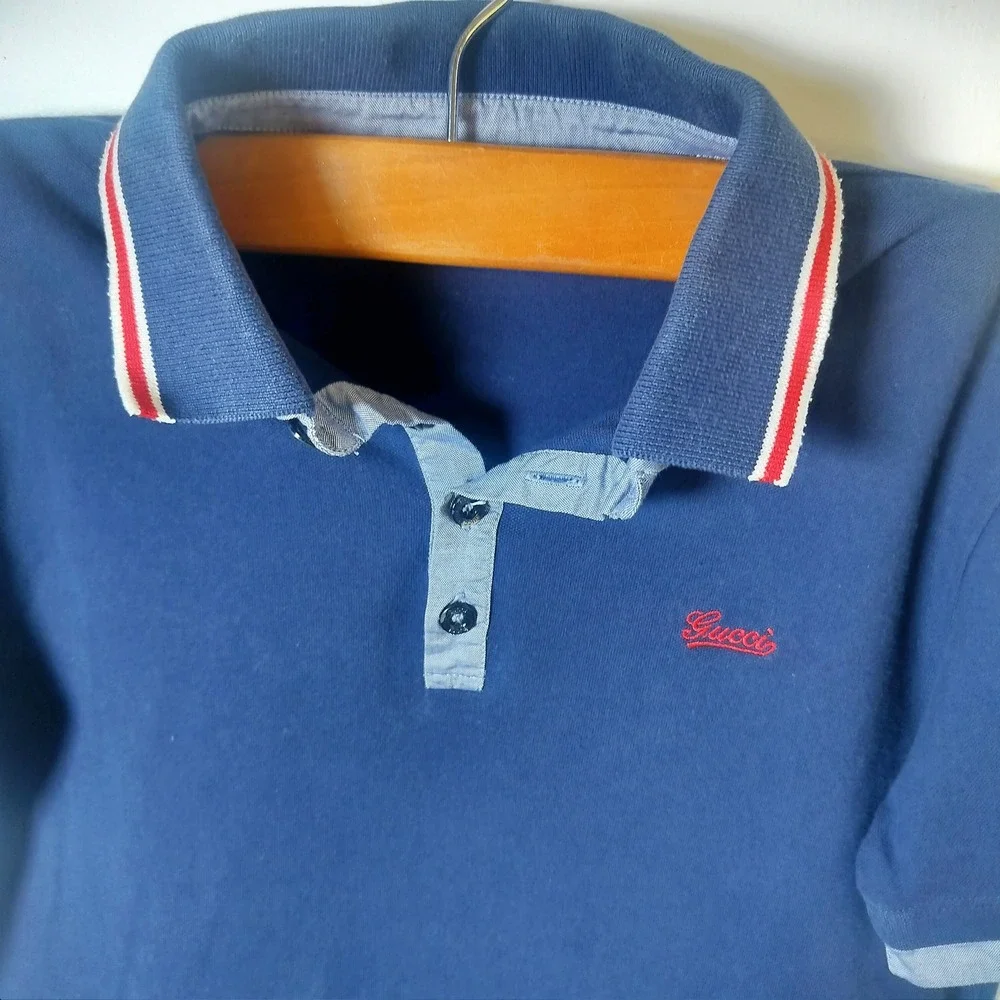 Gucci Mens Navy Blue Pique Polo Shirt Web Stripe Collar Made in Italy XS